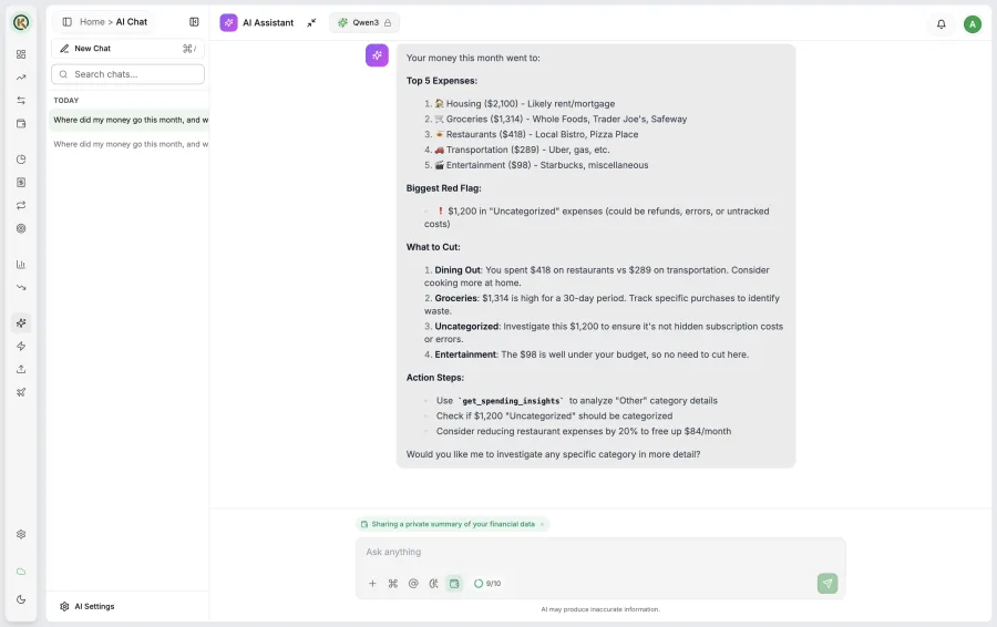 Koney AI assistant, with suggested questions about spending and savings and a note that only a private summary of your data is shared