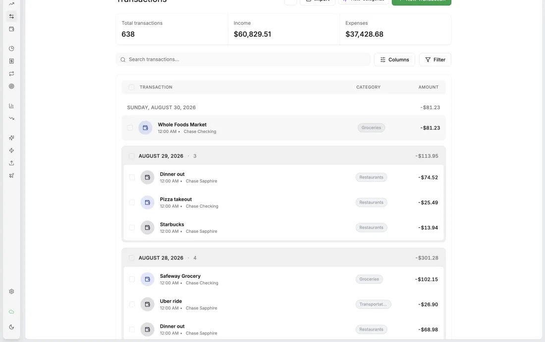 Koney transactions list grouped by day with categories and running totals
