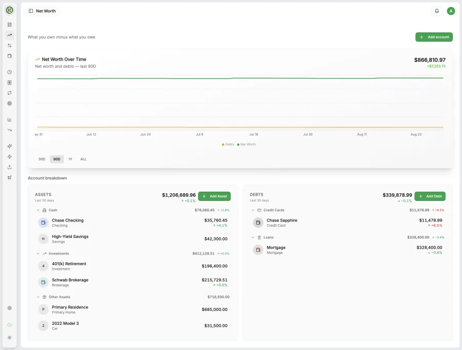 Koney net worth page listing every asset and debt account with its balance