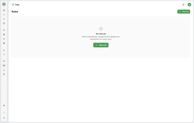 Koney rules page, where a saved rule categorises matching transactions automatically