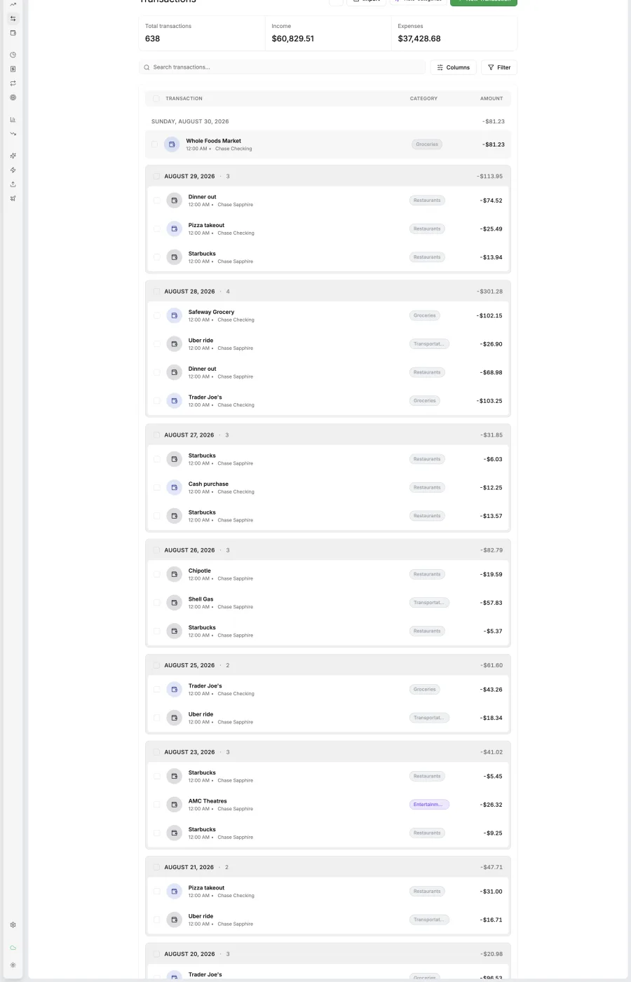 Koney transactions list grouped by day, each line with a merchant, category and account